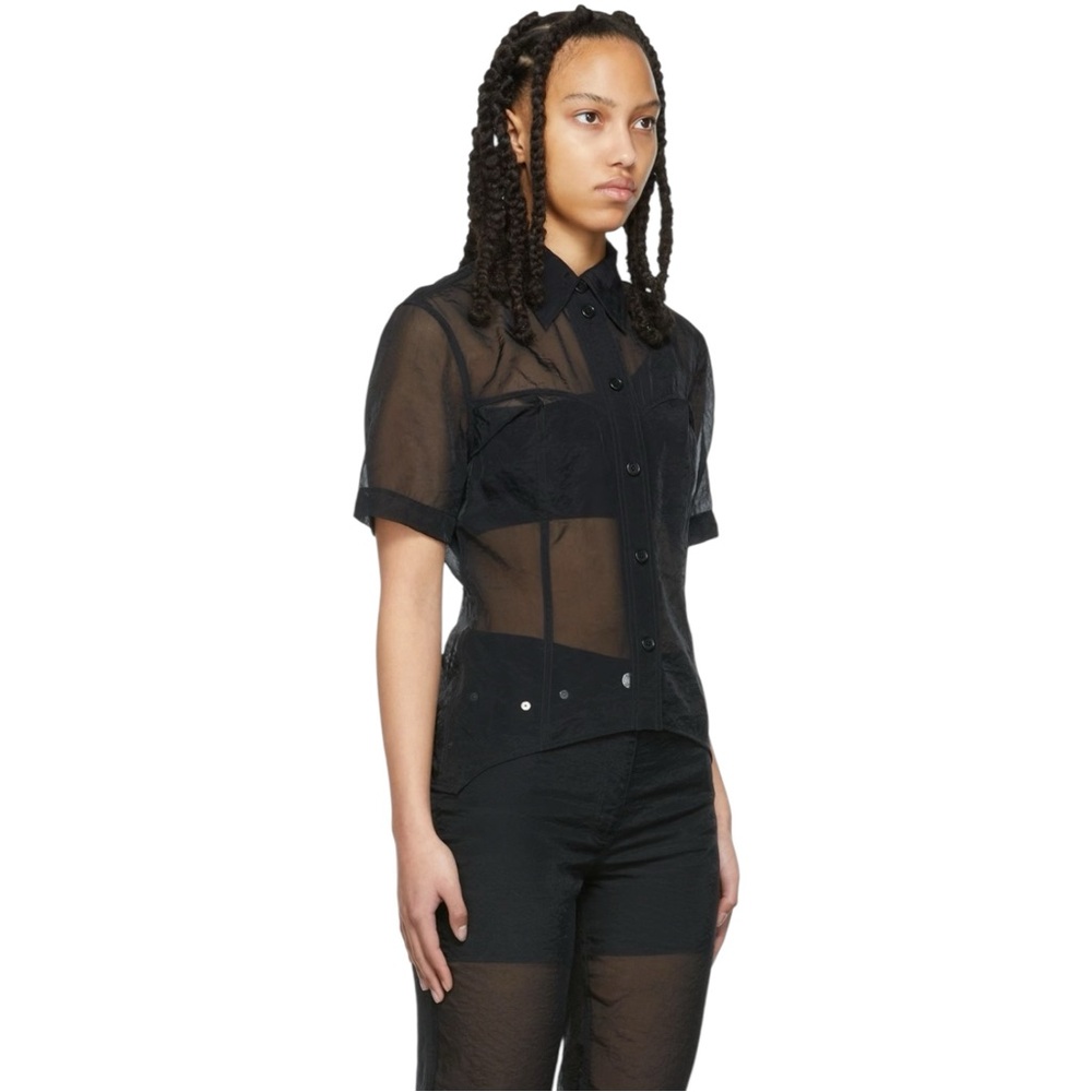 Helmut Lang Black Sheer Shirt - Black Button Up Organza Short Sleeve Shirt Top - Picture 2 of 13
